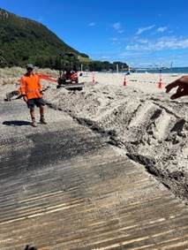 A person in an orange jacket on a beach

Description automatically generated